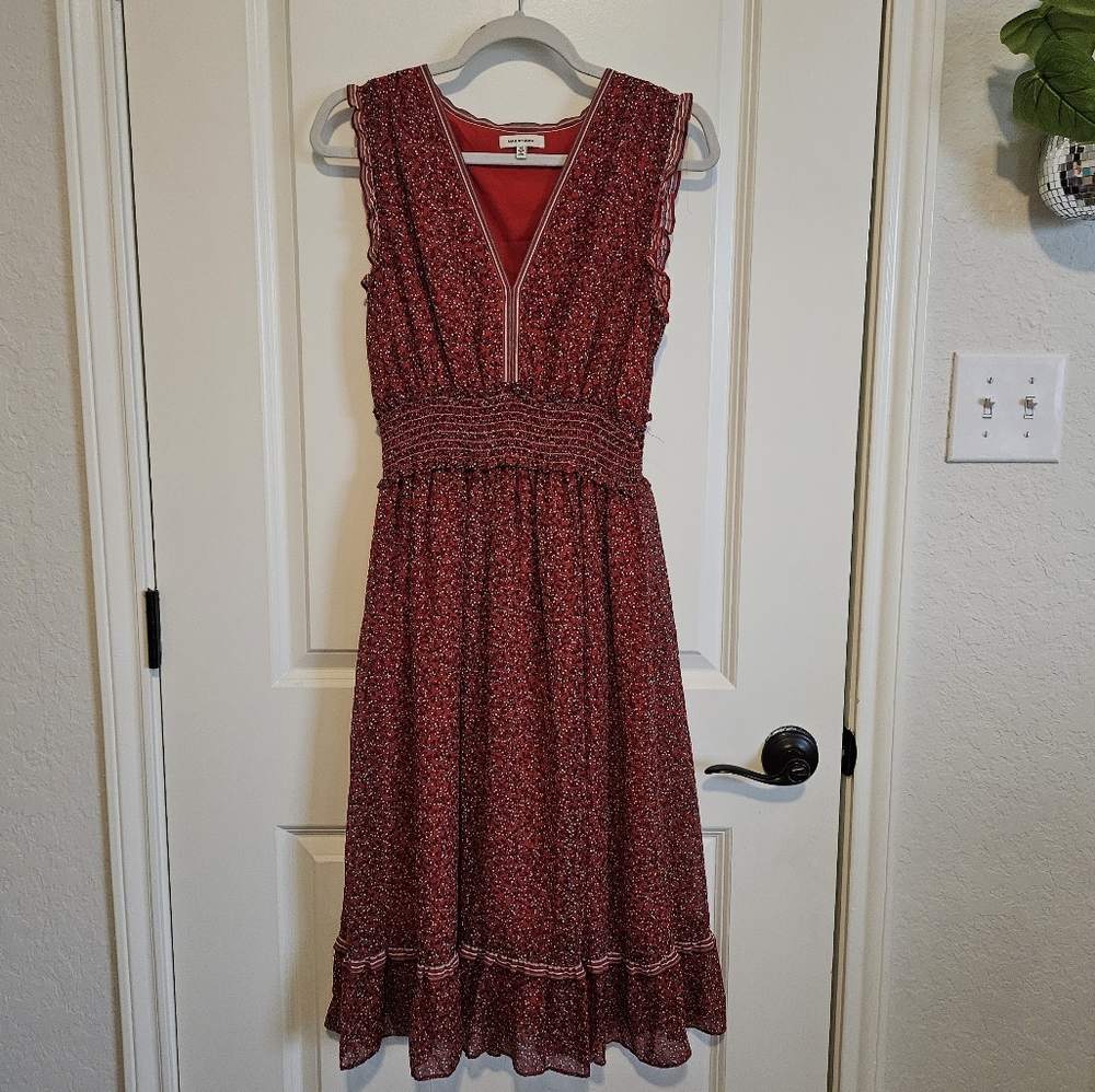 Max Studio Red Floral Ruffle Sleeveless Midi Dress Women's Size Medium